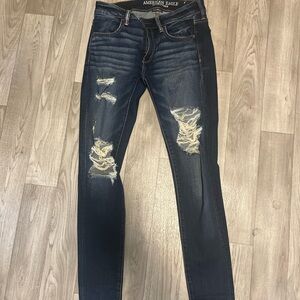 American Eagle Outfitters Dark Blue Distressed High Rise Jeans